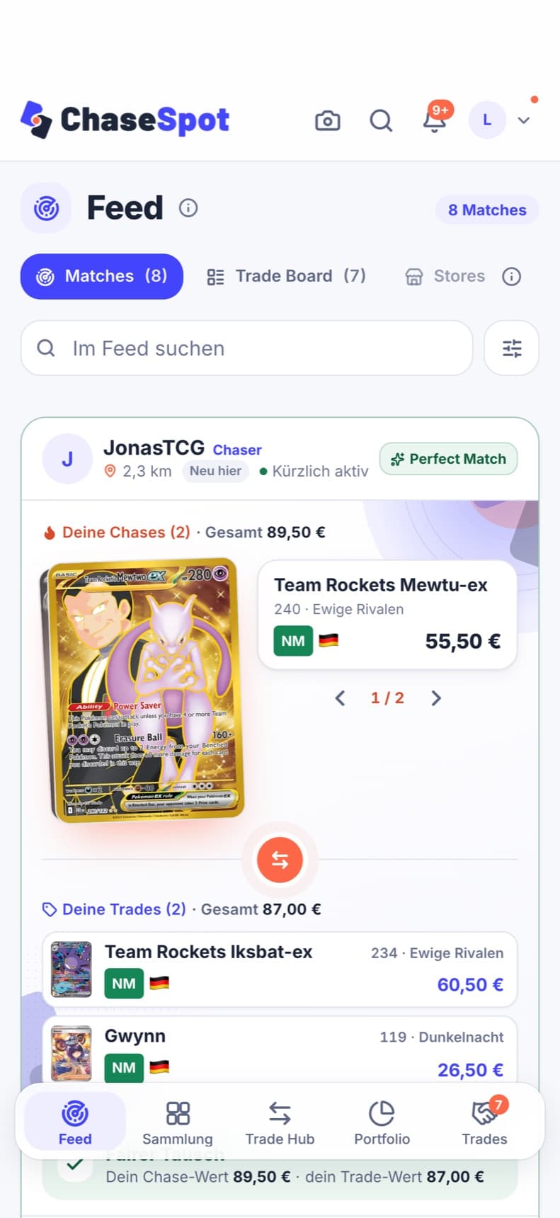 ChaseSpot auf dem iPhone: der Feed mit acht Matches und einem Perfect Match.